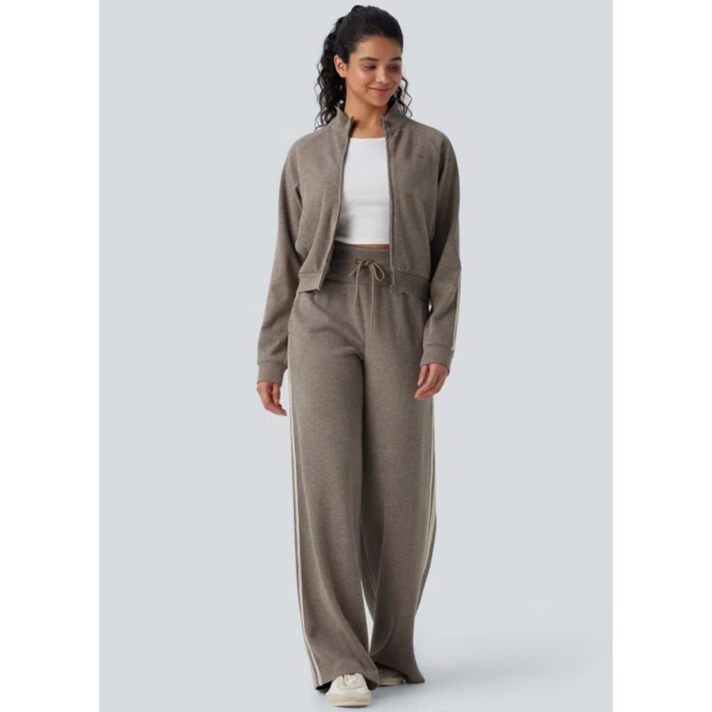 Halara Ribbed High Waisted Tummy Control Wide Leg Pants Size XLarge In Taupe NEW - Picture 4 of 12